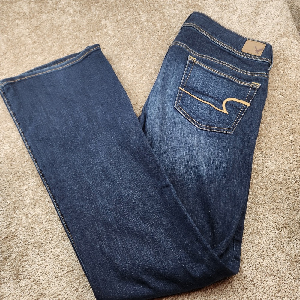 American Eagle Kick Boot Jeans Dark Wash Super Stretch 12 Long Low Rise Bootcut